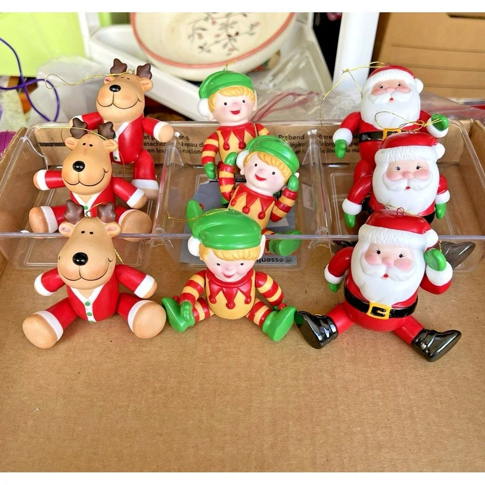 9 Avon Santa‎ & Friends Action Xmas Ornaments Elf Reindeer & Santa 1984 Ceramic
